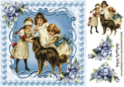 Vintage Children Playing with There Dog 8x8