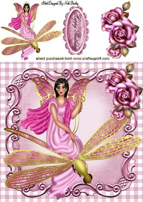 Pink Dragonfly with Faerie & Roses 8x8