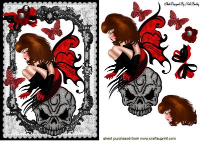 Gothic Faerie in Red with Skull in Black Lace
