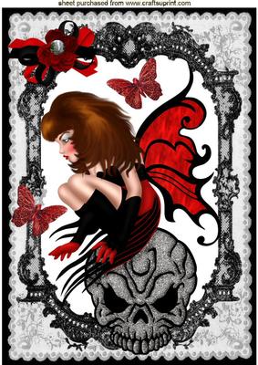 Gothic Faerie in Red with Skull in Black Lace A4