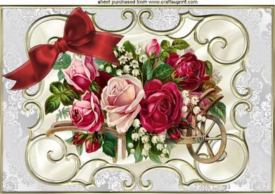 Vintage Wheelbarrow of Red/pink Roses A4
