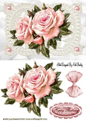 Pink Roses on Vintage Ecru Lace, & Organza Bow