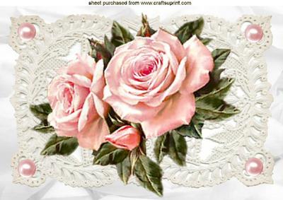 Pink Roses on Ecru Lace with Pearls A4 A4