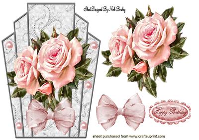 Pink Roses with Pearls & Organza Bow Art Deco Topper