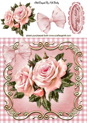 Pink Roses, Pink Gingham and Pretty Bow 8x8