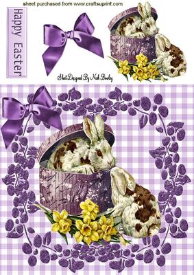 Playful Vintage Bunnies in Hat Box with Daffs 8x8