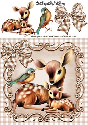 Mum & Baby Deer with Little Bird & Bow 8x8