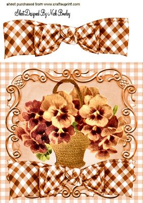 Vintage Peach Pansies in a Basket with Gingham Bow 8x8