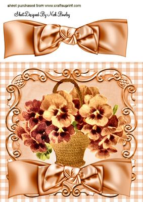 Vintage Peach Pansies in a Basket with Satin Bow 8x8