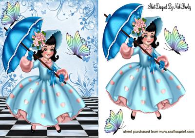Pretty Girl with Turq Parasol & Butterflies