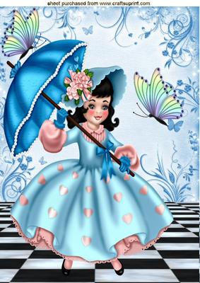 Pretty Girl with Turq Parasol & Butterflies A4