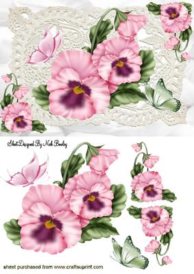 Pink Pansies on Vintage Lace with Butterflies