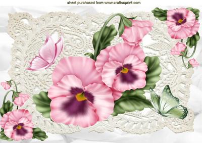 Pink Pansies on Vintage Lace with Butterflies A4