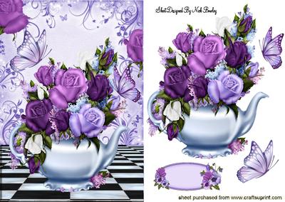 Pretty Teapot of Lilac Pink Roses & Butterflies