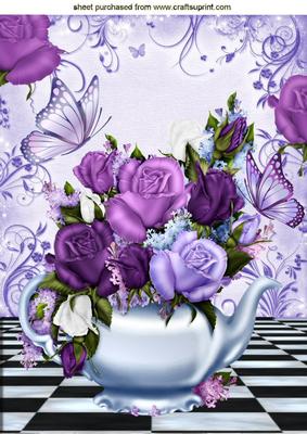 Teapot of Lilac & Pink Roses & Butterflies A4
