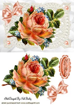 Vintage Peach Rose with Pearls on Ecru Lace