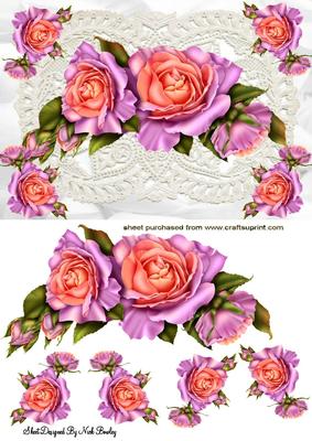 Peach and Pink Roses on Vintage Lace