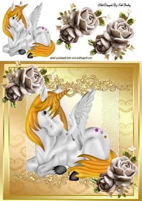Little Gold Unicorn with Wings and Roses 8x8