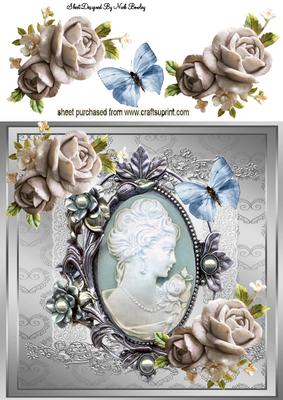 Vintage Cameo with Roses & Butterflies 8x8