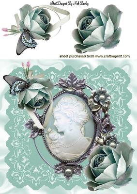 Cameo with Blue Roses in Ornate Frame 8x8