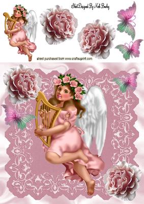 Pretty Angel with Harp and Butterflies 8x8
