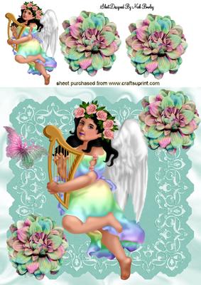 Pretty Rainbow Angel with Harp and Butterflies 8x8