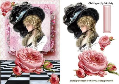 Vintage Lady in Big Hat with Pink Roses