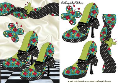 Floral Shoe with Gingham Black Bow & Butterfly