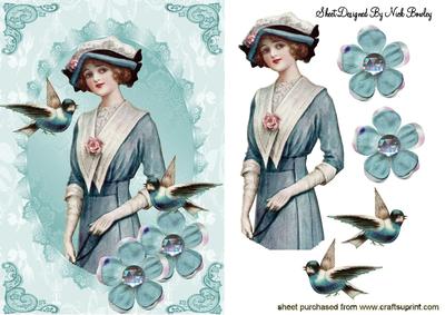 Pretty Blue Birds with Flowers and Vintage Lady