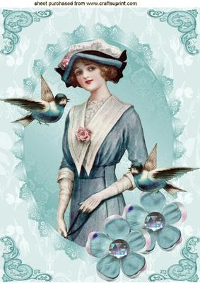 Prewtty Blue Birds with Flowers and Vintage Lady A4