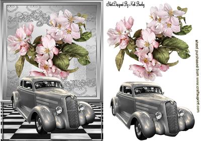 Pretty Pink Flowers with Silver Vintage Car