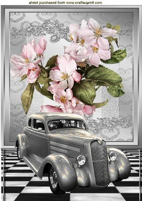 Pretty Pink Flowers with Silver Vintage Car A4