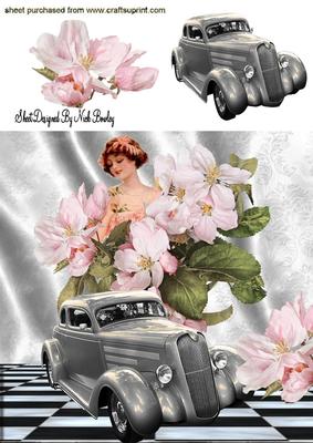 Pretty Pink Flowers with Silver Vintage Car 8x8