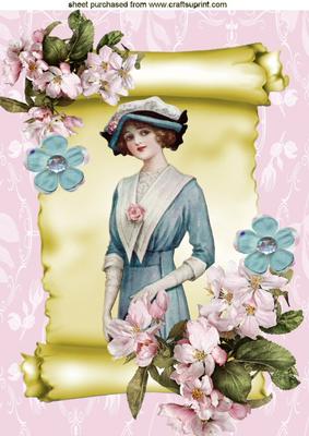 Vintage Lady on a Scroll with Flowers A4