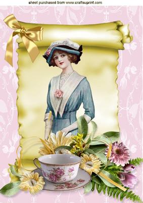 Vintage Lady on a Scroll with Flowers & Teacup A4