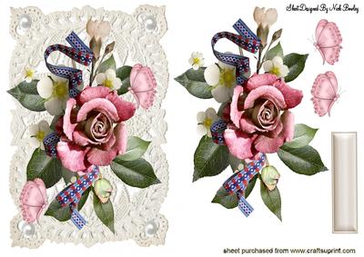 Pretty Rose Arrangement with Pearls on Vintage Lace