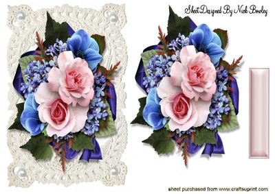 Pink Roses & Blue Flowers on Vintage Lace