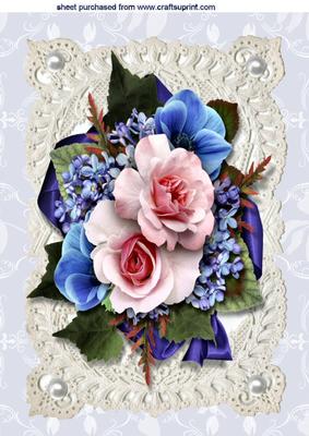 Pink Roses & Blue Flowers on Vintage Lace A4