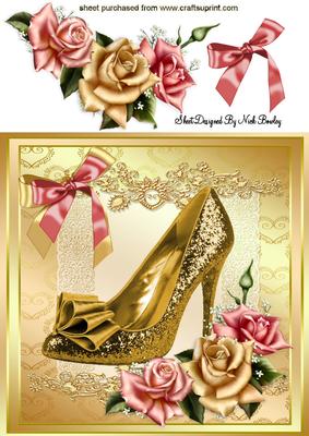 Gold Shoe with Pretty Bows & Roses 8x8