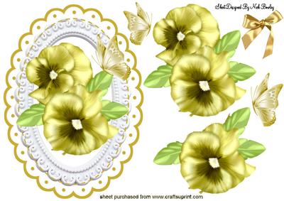 Golden Pansies with Gold Bow & Butterflies