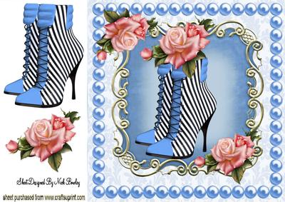 Blue Stripe Boots with Pink Roses 8x8