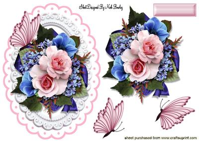 Pink and Blue Flowers with Pink Butterflies