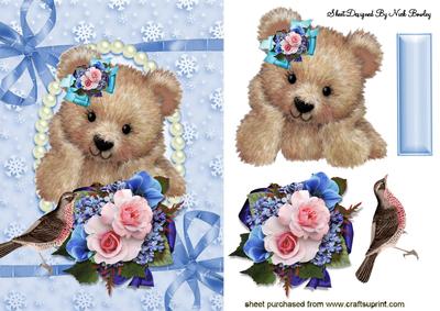 Fuzzy Bear with Little Bird & Flowers