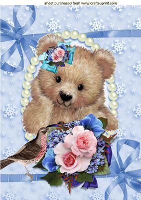 Fuzzy Bear with Little Bird & Flowers A4