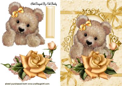Fuzzy Bear with Pretty Gold Roses on Lace