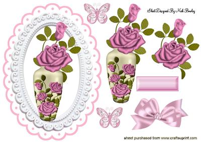 Pretty Pink Roses in a Vase with Butterflies