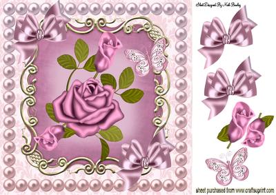 Pink Roses, Pink Butterfly in Pearl Frame 8x8