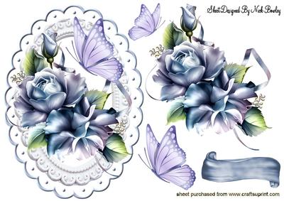 Blue Rose with Lilac Butterflies on a Plaque