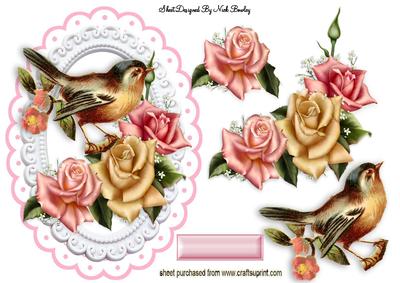 Little Bird on Pretty Edwardian Roses on a Plaque
