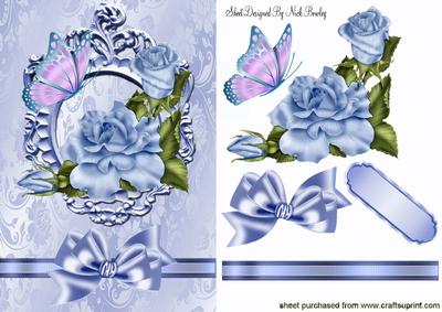 Blue Roses, Butterfly in Ornate Frame with Border Bow